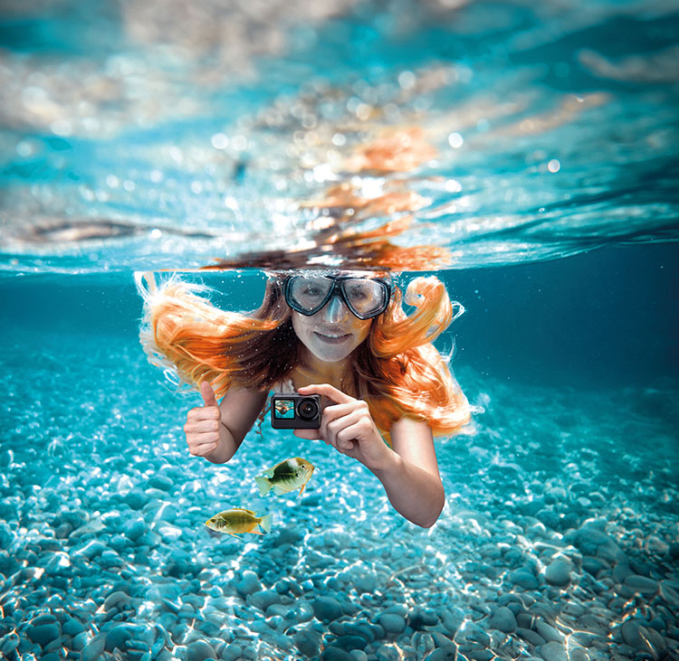 Mini-Actioncam mit 5K-Auflösung, wasserdicht bis 21 m, 2 Displays, EIS